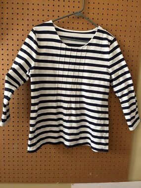 Talbots Navy & White Striped Pintuck Boatneck Top